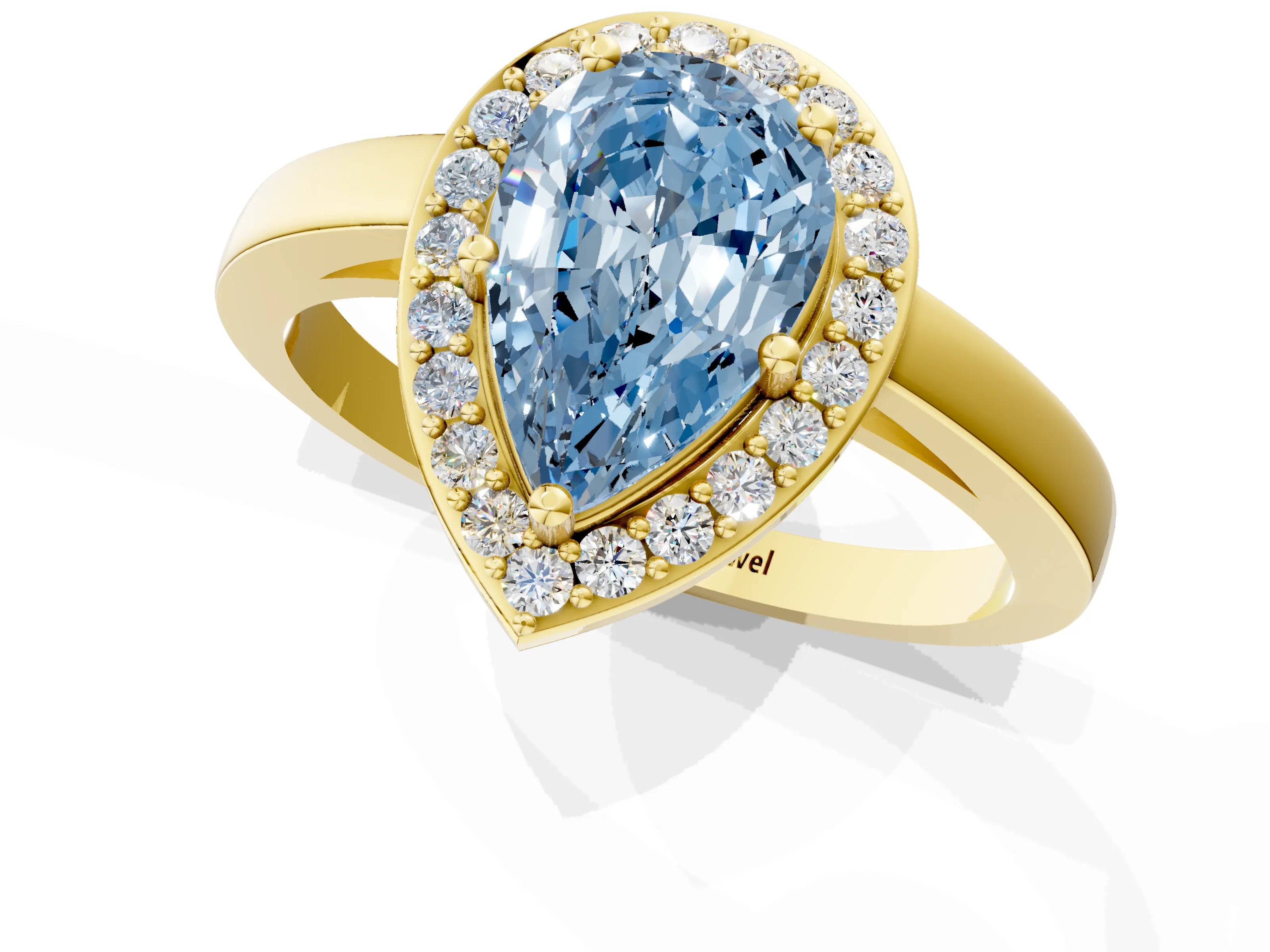 Yellow gold Fancy Blue Pear Cut Halo Diamond Ring with Solitaire Band and Prong Setting_1