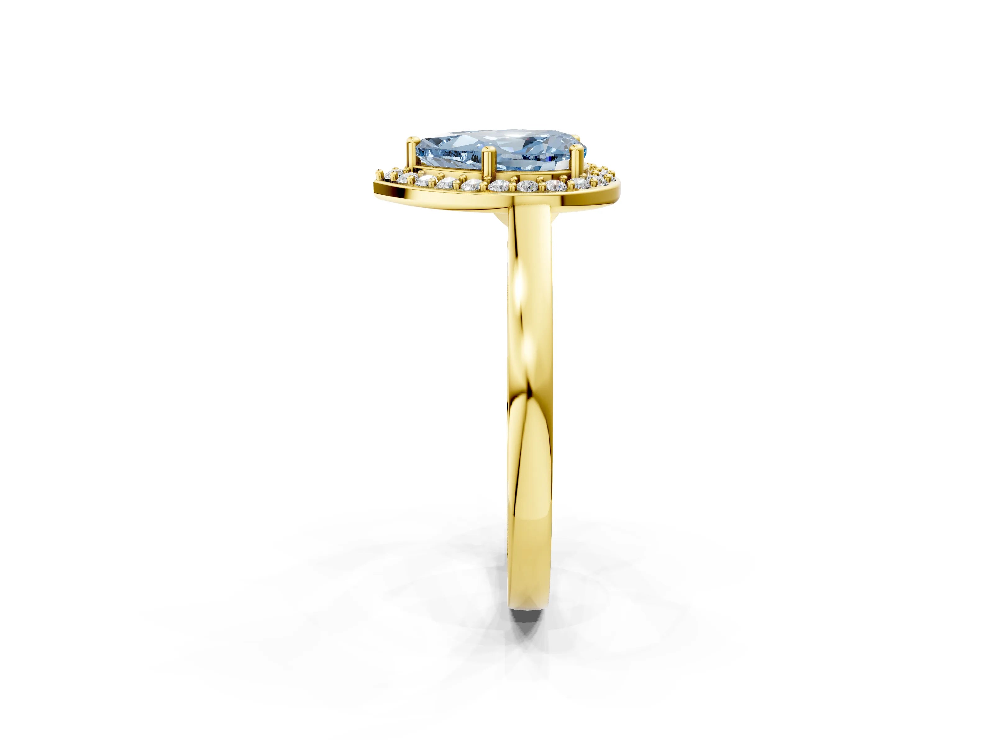 Yellow gold Fancy Blue Pear Cut Halo Diamond Ring with Solitaire Band and Prong Setting_2