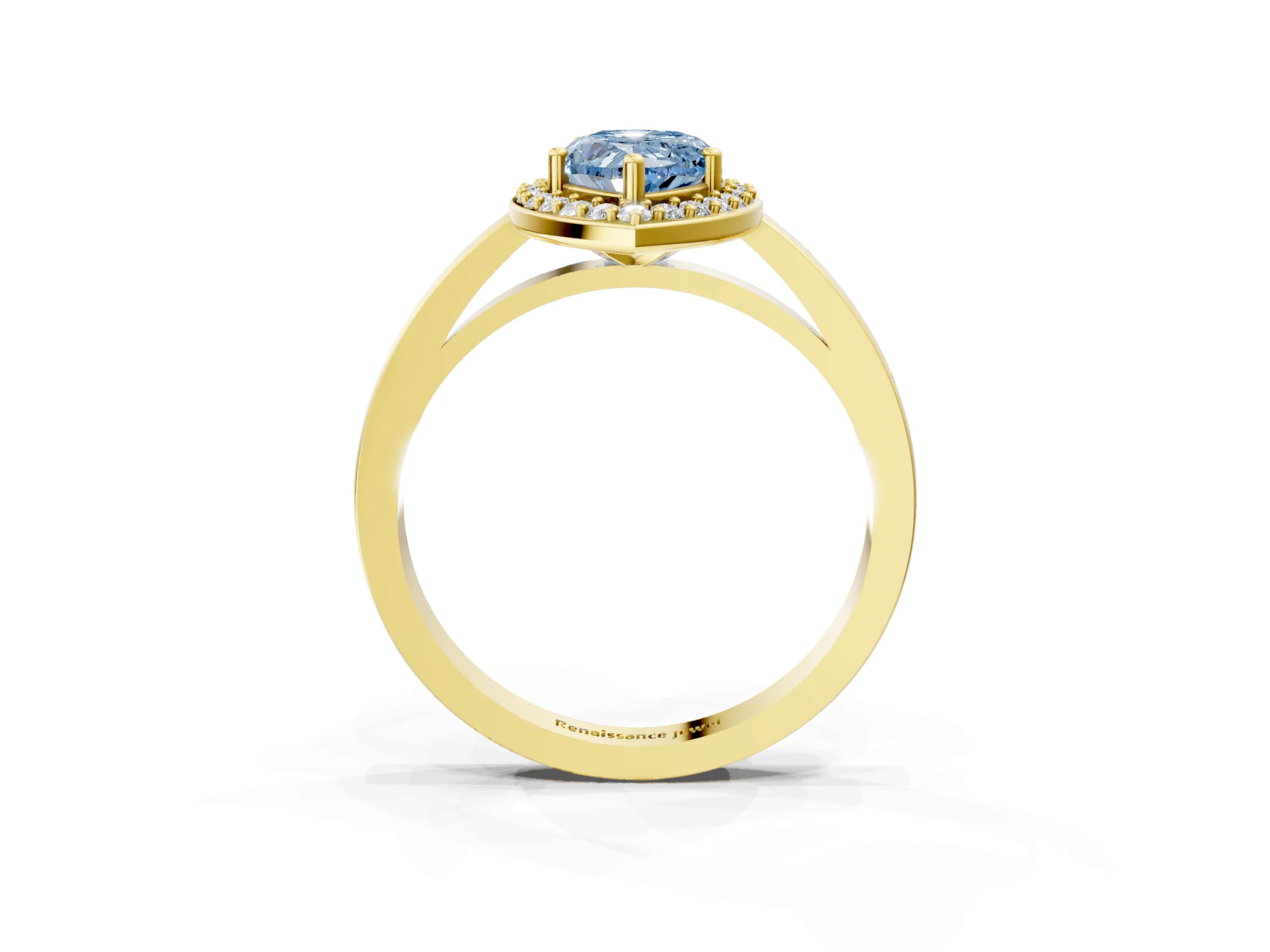 Yellow gold Fancy Blue Pear Cut Halo Diamond Ring with Solitaire Band and Prong Setting_3