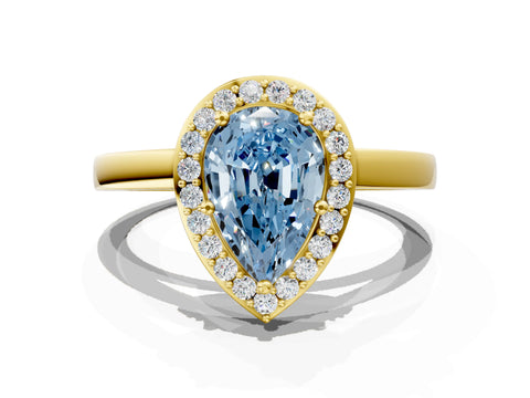 Yellow gold Fancy Blue Pear Cut Halo Diamond Ring with Solitaire Band and Prong Setting