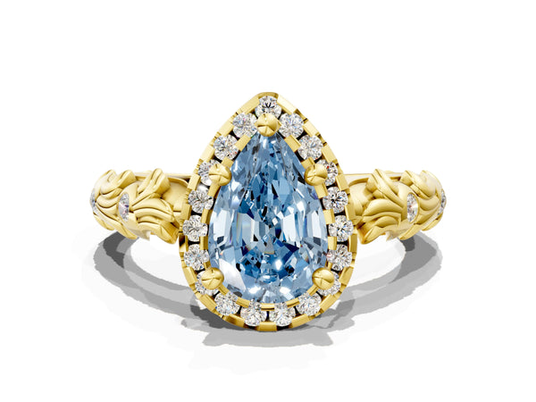 Yellow gold Fancy Blue Pear Cut Halo Diamond Solitaire with Filigree Band and Four-Prong Setting