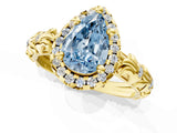 Yellow gold Fancy Blue Pear Cut Halo Diamond Solitaire with Filigree Band and Four-Prong Setting_1