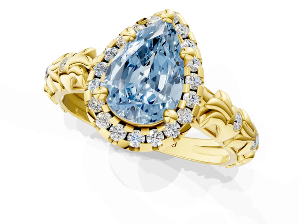 Yellow gold Fancy Blue Pear Cut Halo Diamond Solitaire with Filigree Band and Four-Prong Setting