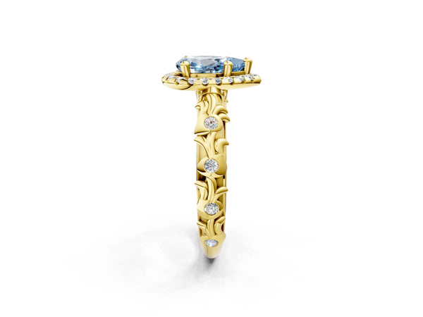Yellow gold Fancy Blue Pear Cut Halo Diamond Solitaire with Filigree Band and Four-Prong Setting