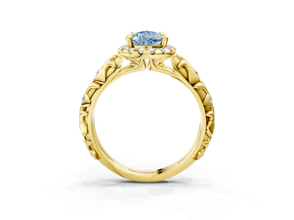 Yellow gold Fancy Blue Pear Cut Halo Diamond Solitaire with Filigree Band and Four-Prong Setting