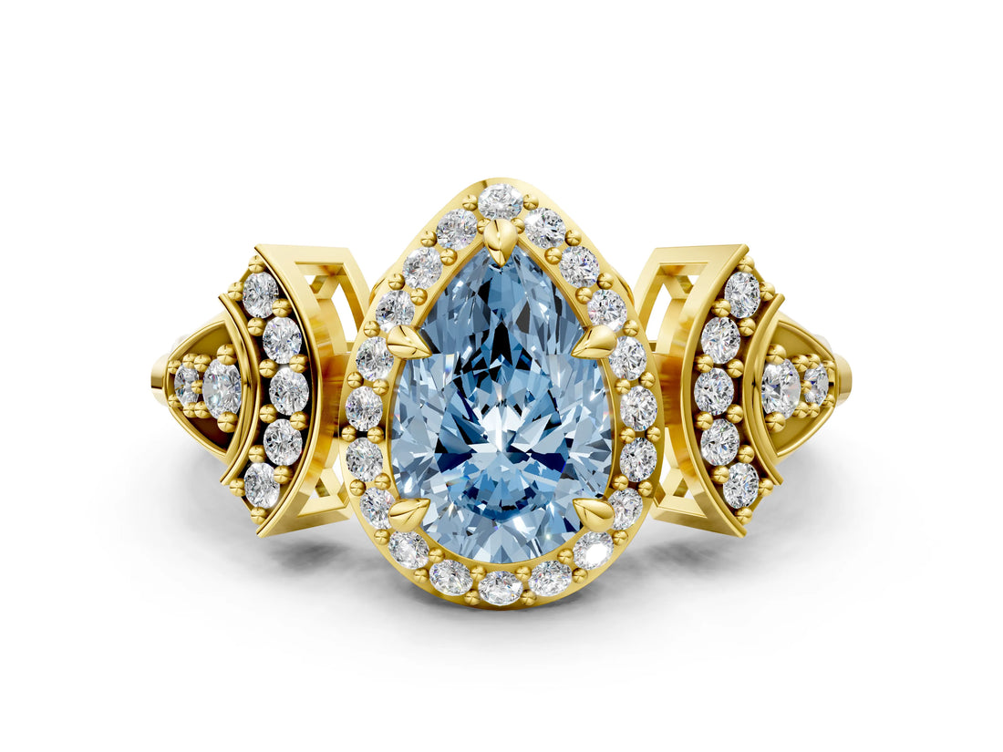 Yellow gold Fancy Blue Pear Cut Halo Diamond Split Shank Engagement Ring with Four-Prong Setting