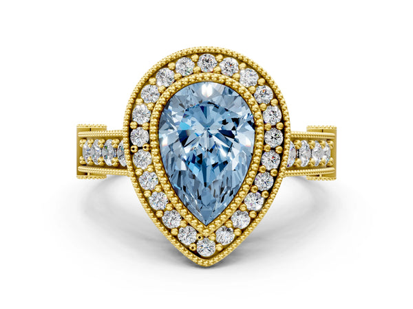Yellow Gold Pear-Shaped Vintage Bezel Halo Engagement Ring Setting for Fancy Blue Center