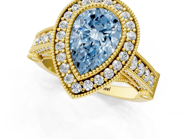 Yellow Gold Pear-Shaped Vintage Bezel Halo Engagement Ring Setting for Fancy Blue Center