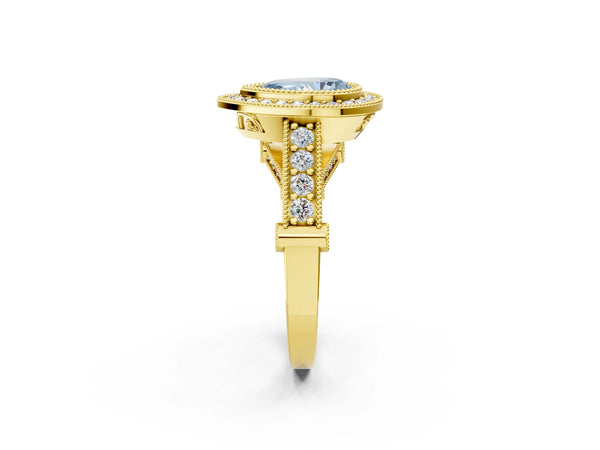Yellow Gold Pear-Shaped Vintage Bezel Halo Engagement Ring Setting for Fancy Blue Center