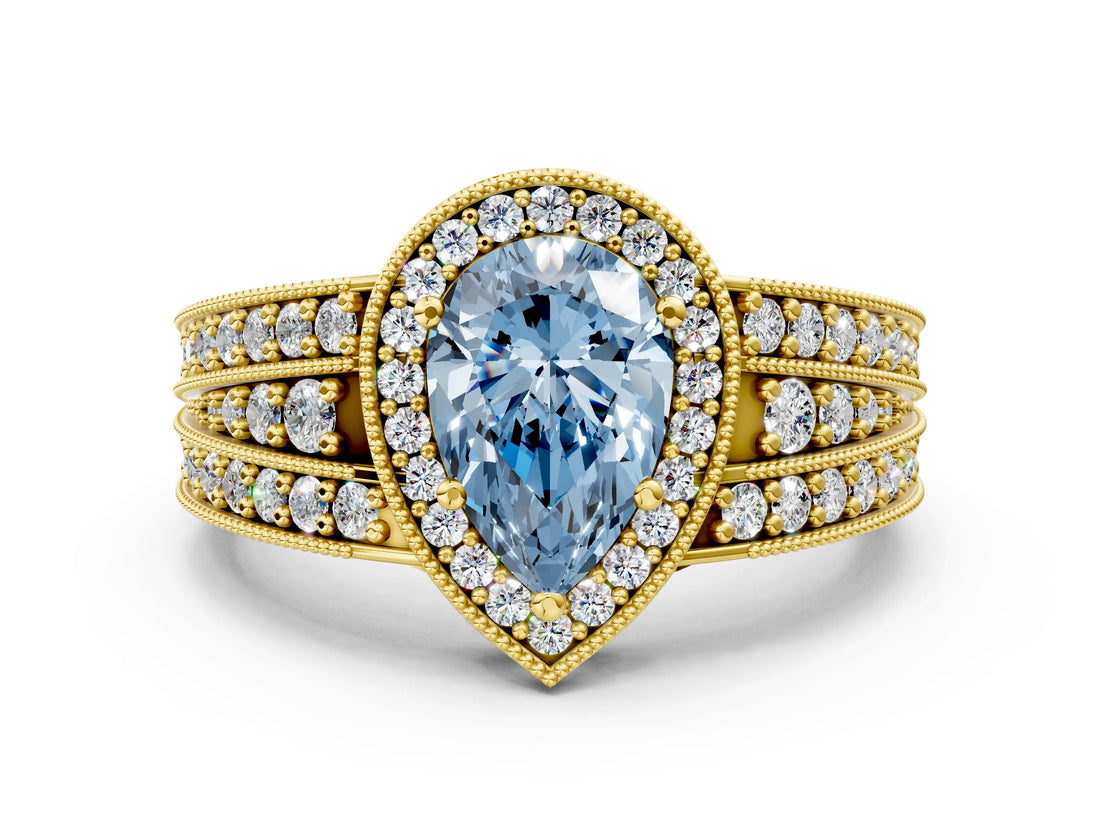 Yellow gold Fancy Blue Pear Cut Halo Diamond Split Shank Ring with Prong Setting_12