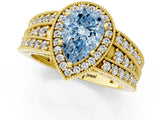 Yellow gold Fancy Blue Pear Cut Halo Diamond Split Shank Ring with Prong Setting_13