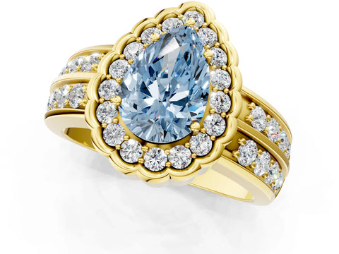 Yellow gold Fancy Blue Pear Cut Halo Diamond Split Shank Ring with Scalloped Prong Setting_1