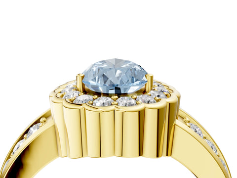 Yellow gold Fancy Blue Pear Cut Halo Diamond Split Shank Ring with Scalloped Prong Setting_4