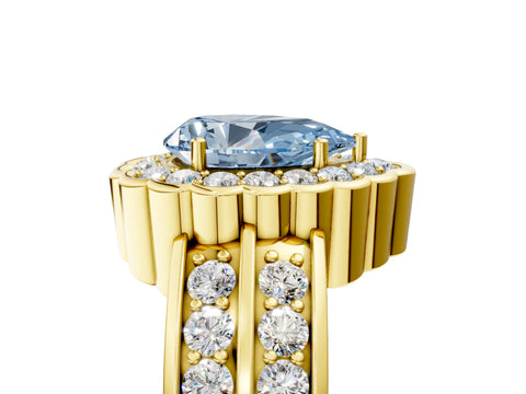 Yellow gold Fancy Blue Pear Cut Halo Diamond Split Shank Ring with Scalloped Prong Setting_5