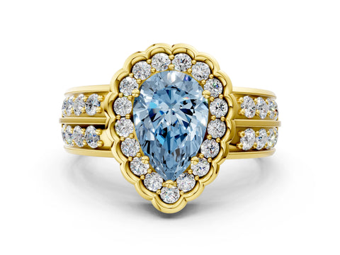 Yellow gold Fancy Blue Pear Cut Halo Diamond Split Shank Ring with Scalloped Prong Setting