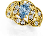 Yellow gold Fancy Blue Pear Cut Halo Milgrain Diamond Engagement Ring with Leaf Band and Four-Prong Setting_1