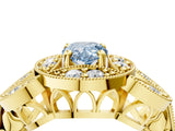 Yellow gold Fancy Blue Pear Cut Halo Milgrain Diamond Engagement Ring with Leaf Band and Four-Prong Setting_4
