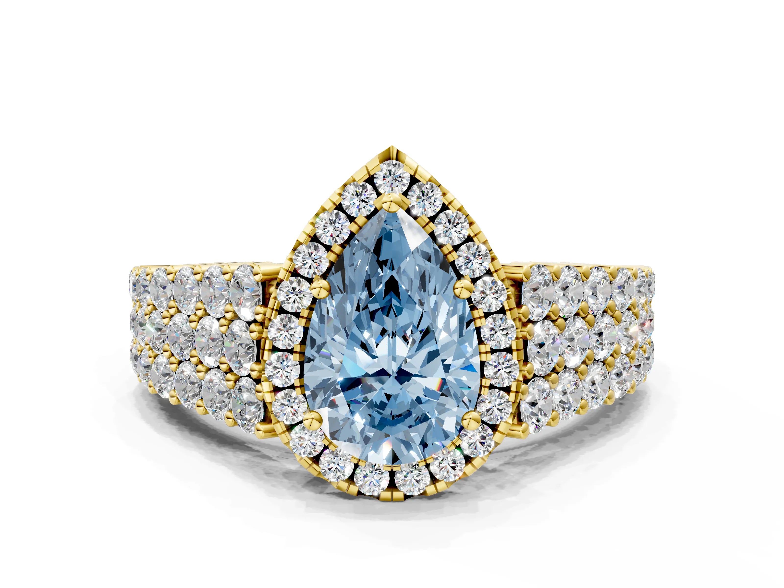 Yellow gold Fancy Blue Pear Cut Halo Pavé Diamond Engagement Ring with Split Shank and Four-Prong Setting_3