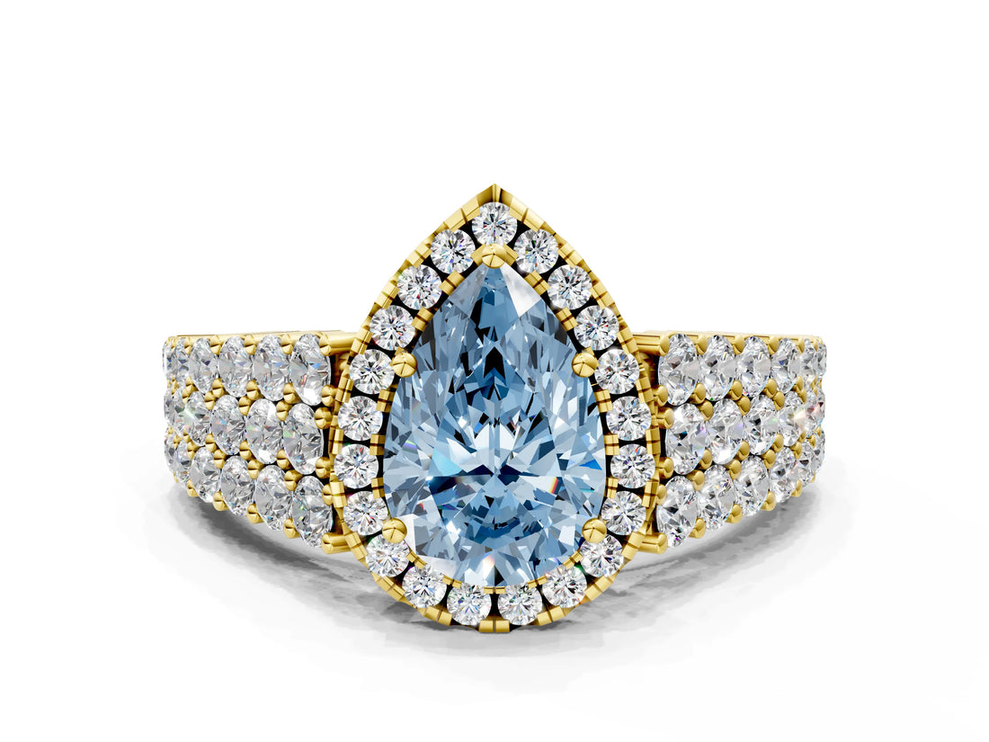 Yellow gold Fancy Blue Pear Cut Halo Pavé Diamond Engagement Ring with Split Shank and Four-Prong Setting_3