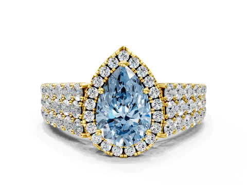 Yellow gold Fancy Blue Pear Cut Halo Pavé Diamond Engagement Ring with Split Shank and Four-Prong Setting_3