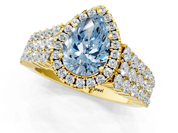 Yellow gold Fancy Blue Pear Cut Halo Pavé Diamond Engagement Ring with Split Shank and Four-Prong Setting