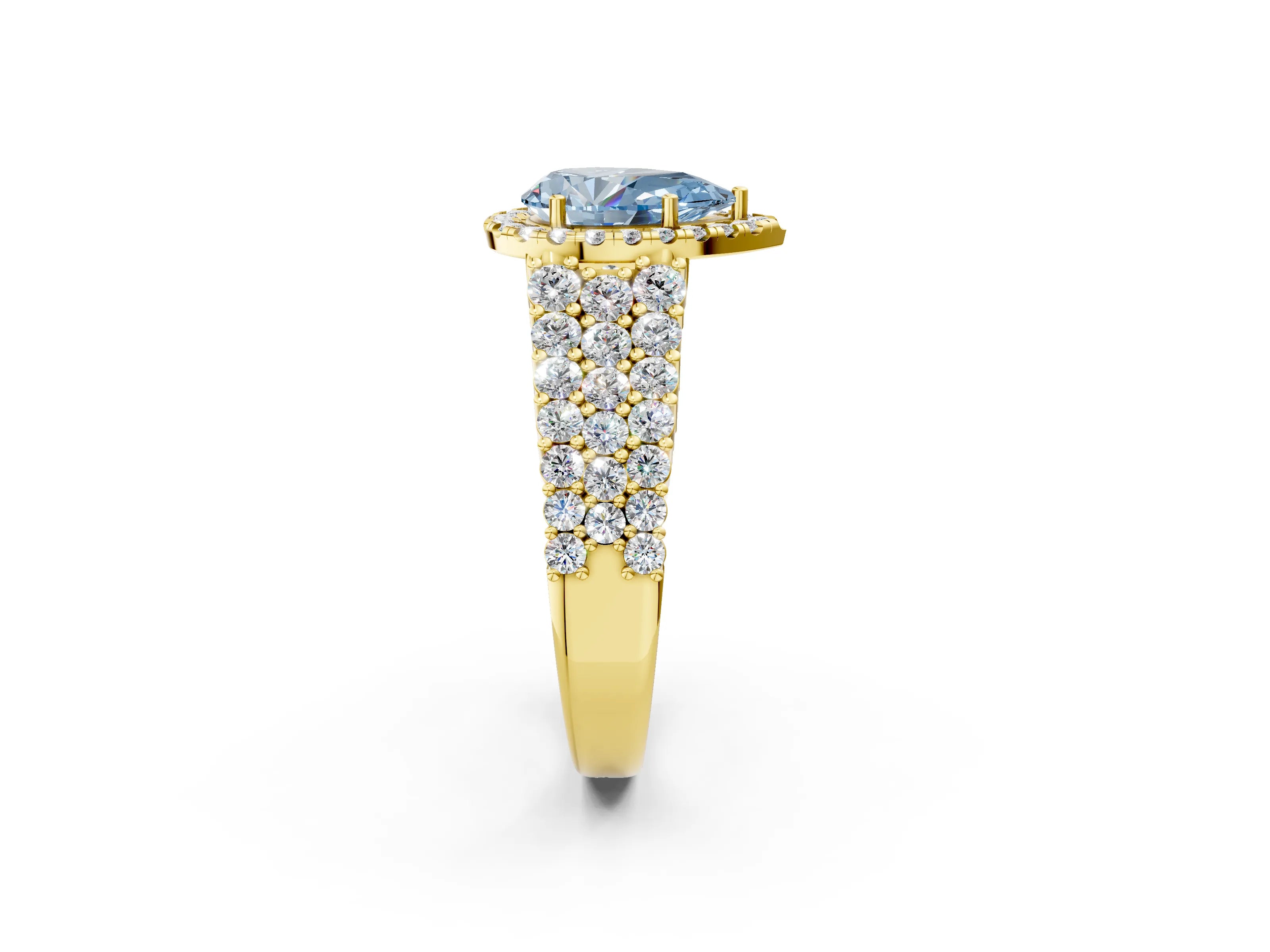 Yellow gold Fancy Blue Pear Cut Halo Pavé Diamond Engagement Ring with Split Shank and Four-Prong Setting_5