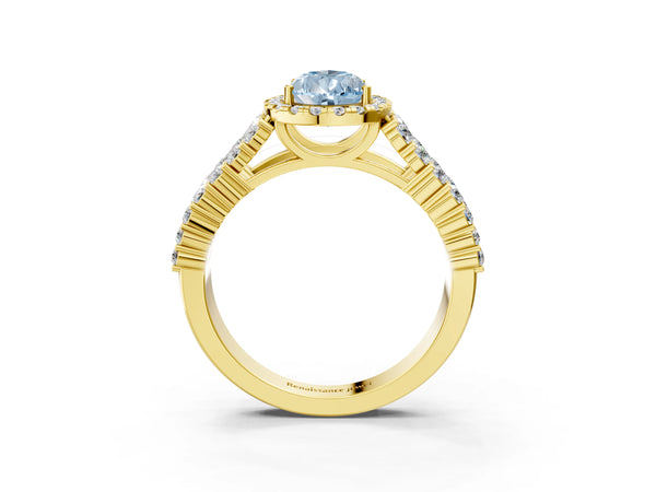 Yellow gold Fancy Blue Pear Cut Halo Pavé Diamond Engagement Ring with Split Shank and Four-Prong Setting