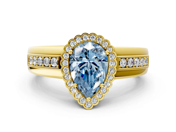 Yellow gold Fancy Blue Pear  Cut Halo Pave Band Four-Prong Ring