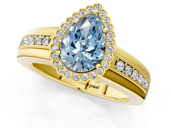 Yellow gold Fancy Blue Pear  Cut Halo Pave Band Four-Prong Ring