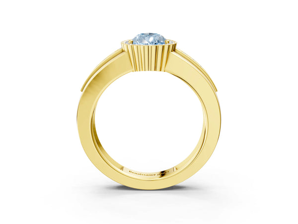 Yellow gold Fancy Blue Pear  Cut Halo Pave Band Four-Prong Ring