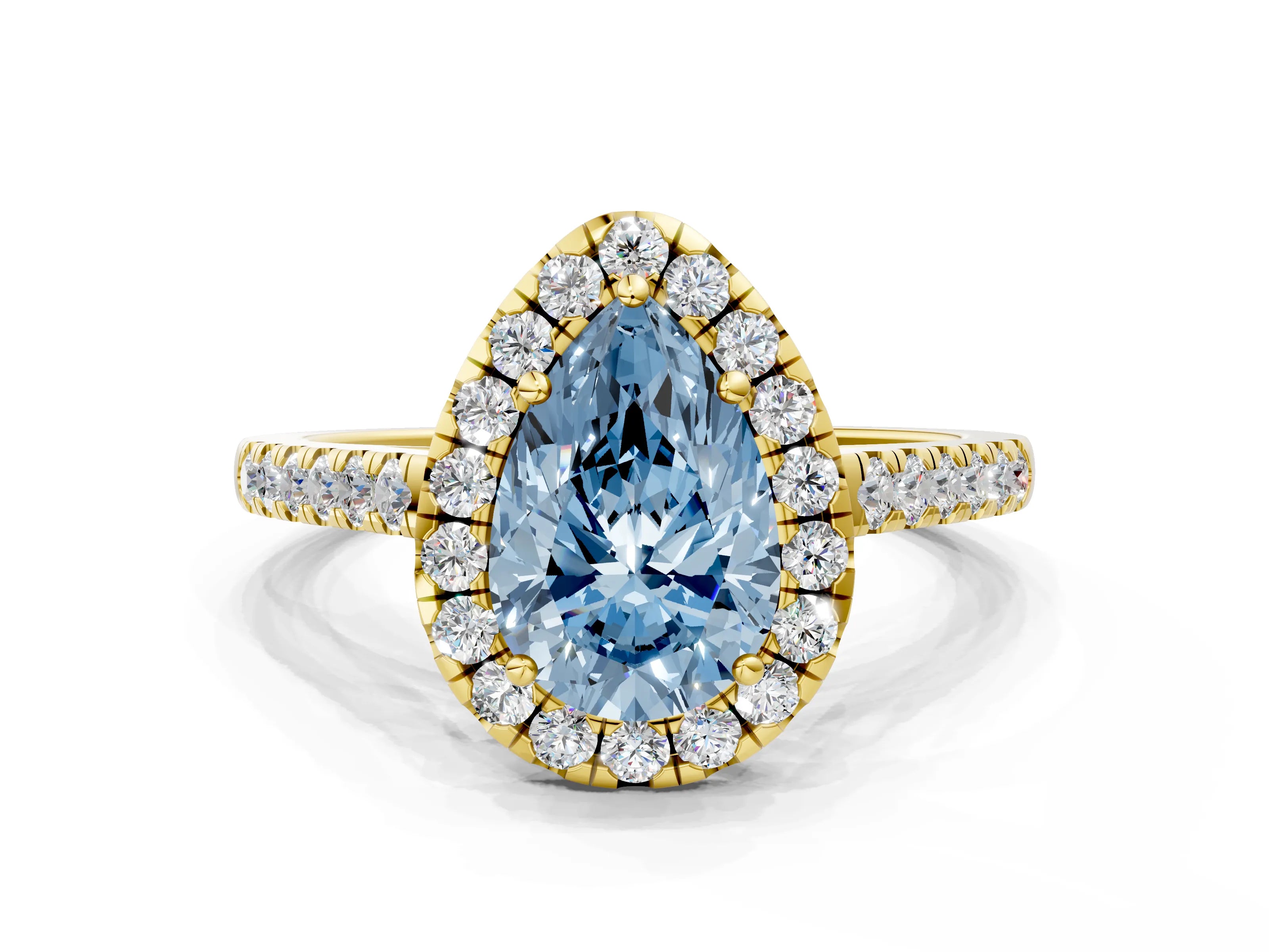 Yellow gold Fancy Blue Pear Cut Halo Pave Diamond Engagement Ring with Four-Prong Setting
