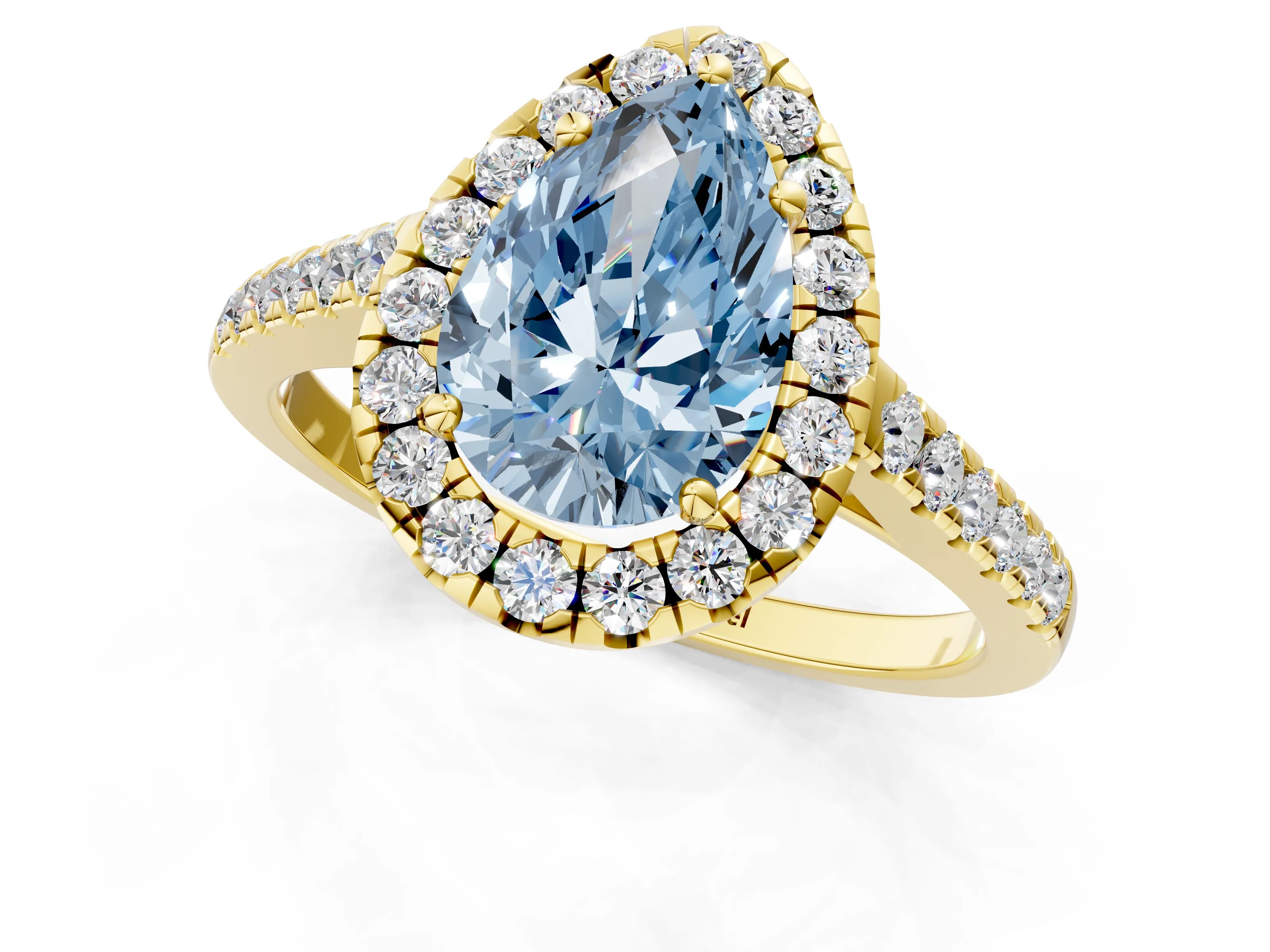 Yellow gold Fancy Blue Pear Cut Halo Pave Diamond Engagement Ring with Four-Prong Setting_1
