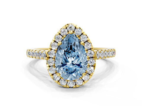Yellow gold Fancy Blue Pear Cut Halo Pave Diamond Engagement Ring with Four-Prong Setting