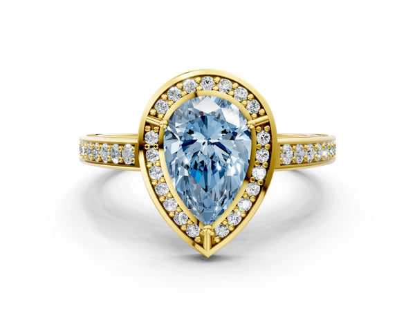 Yellow gold Fancy Blue Pear  Cut Halo Pave Split Shank Prong Setting Ring