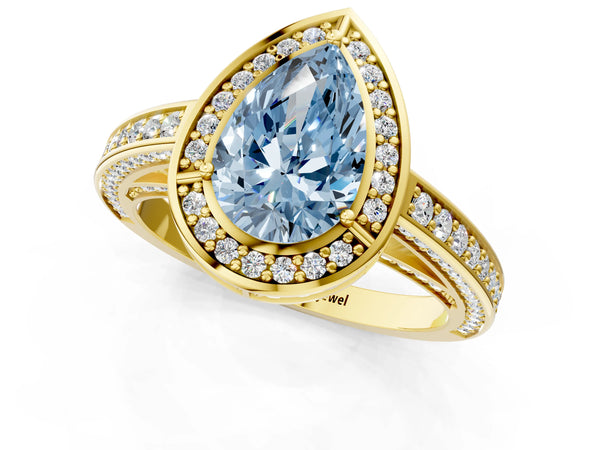 Yellow gold Fancy Blue Pear  Cut Halo Pave Split Shank Prong Setting Ring