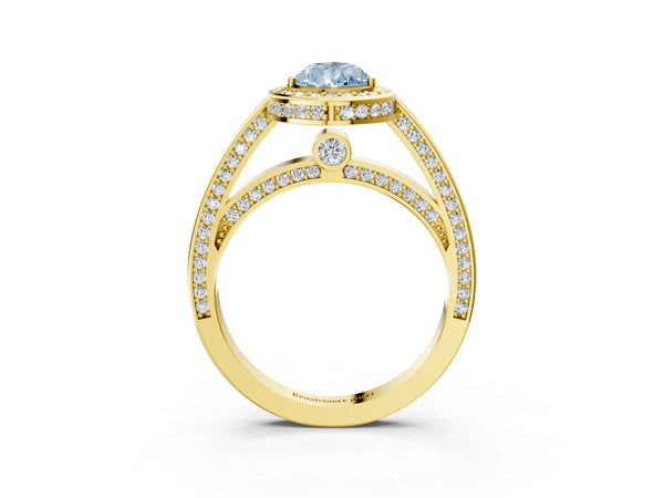 Yellow gold Fancy Blue Pear  Cut Halo Pave Split Shank Prong Setting Ring