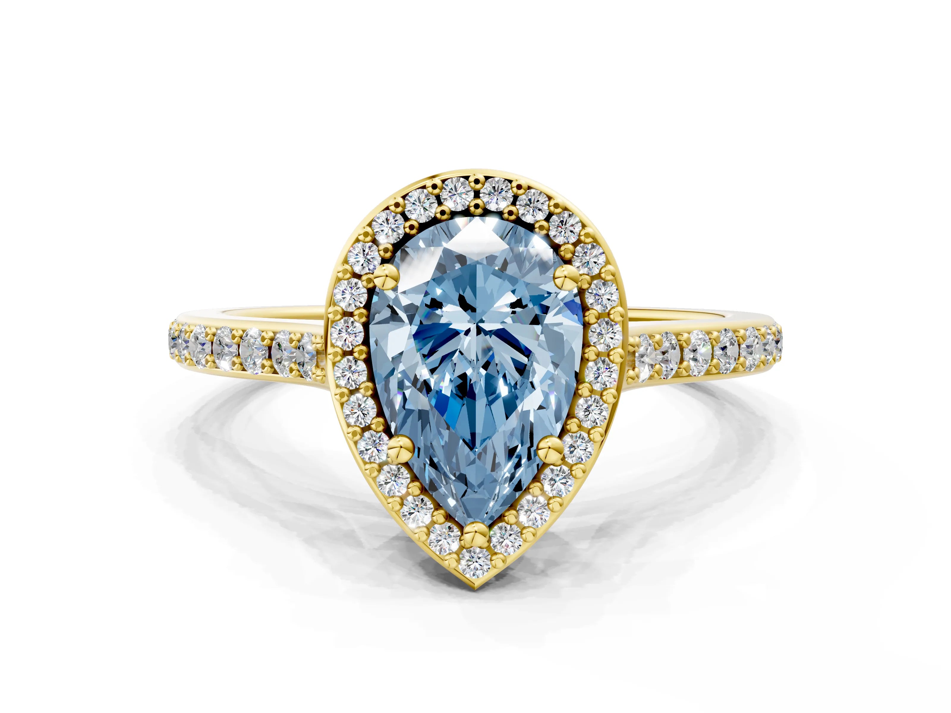 Yellow gold Fancy Blue Pear Cut Halo Round Diamond Pavé Band with Four-Prong Setting_3
