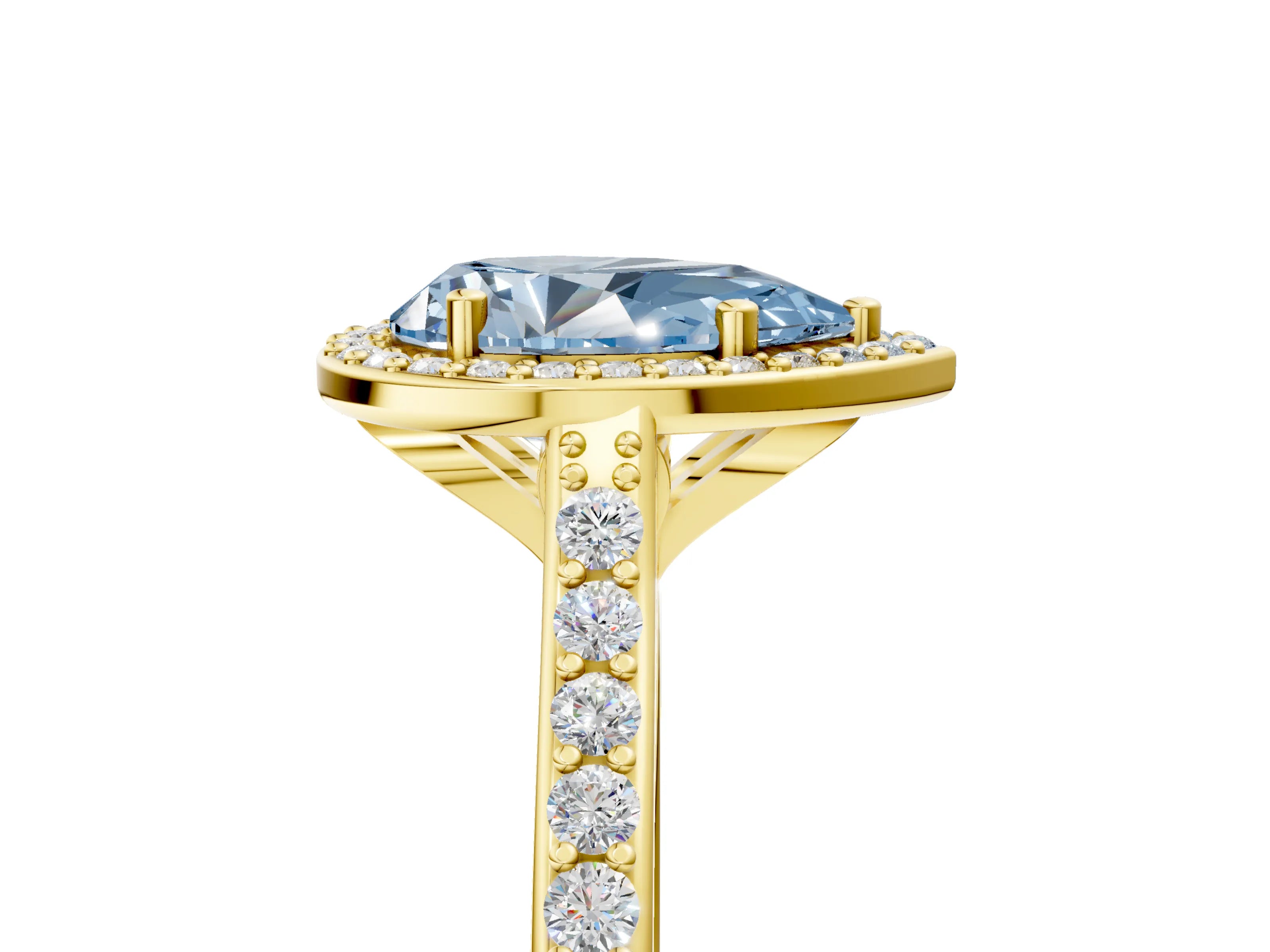 Yellow gold Fancy Blue Pear Cut Halo Round Diamond Pavé Band with Four-Prong Setting_8