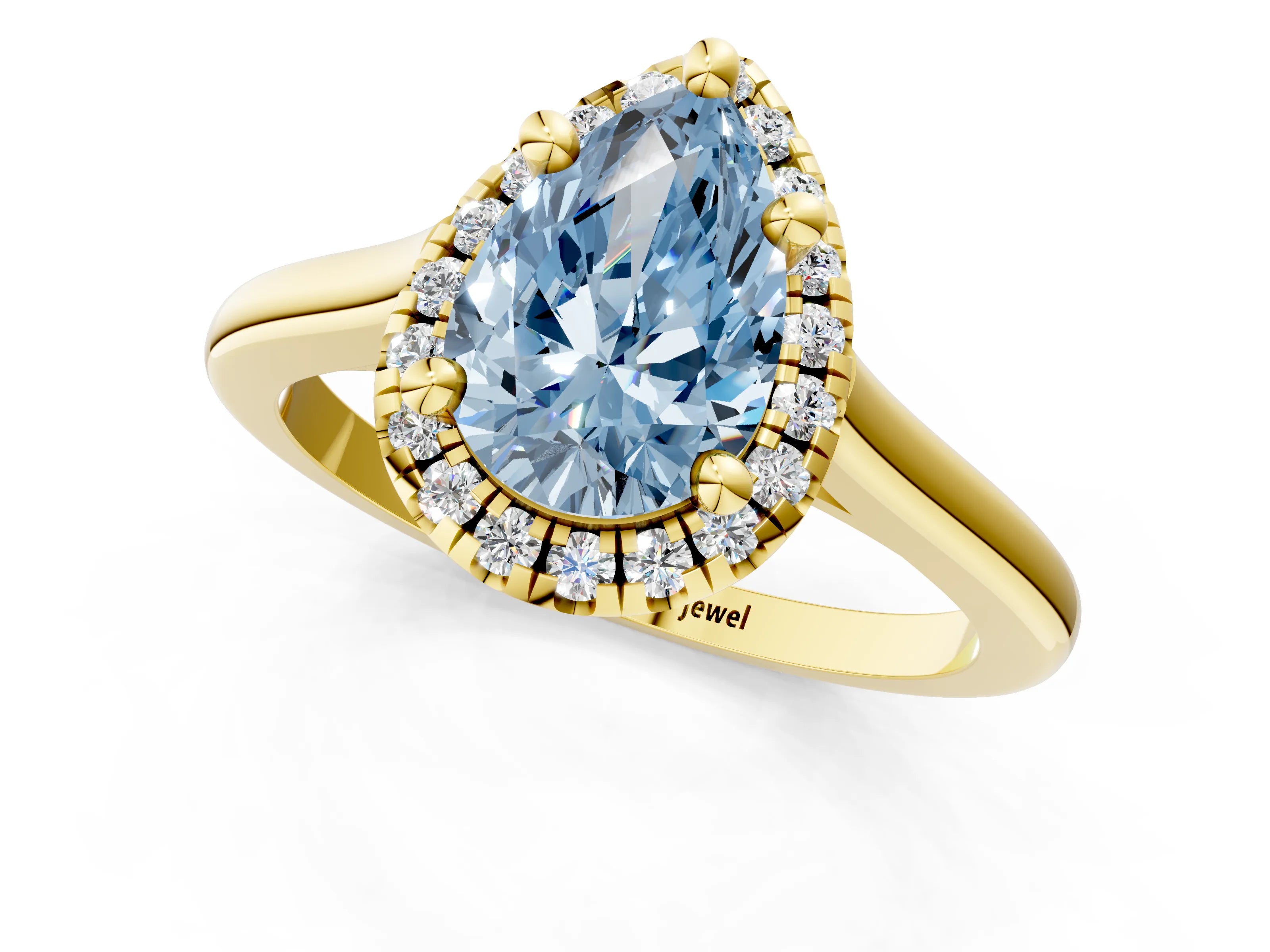 Yellow gold Fancy Blue Pear Cut Halo Round Diamond Solitaire Engagement Ring with Pave Band and Four-Prong Setting_13