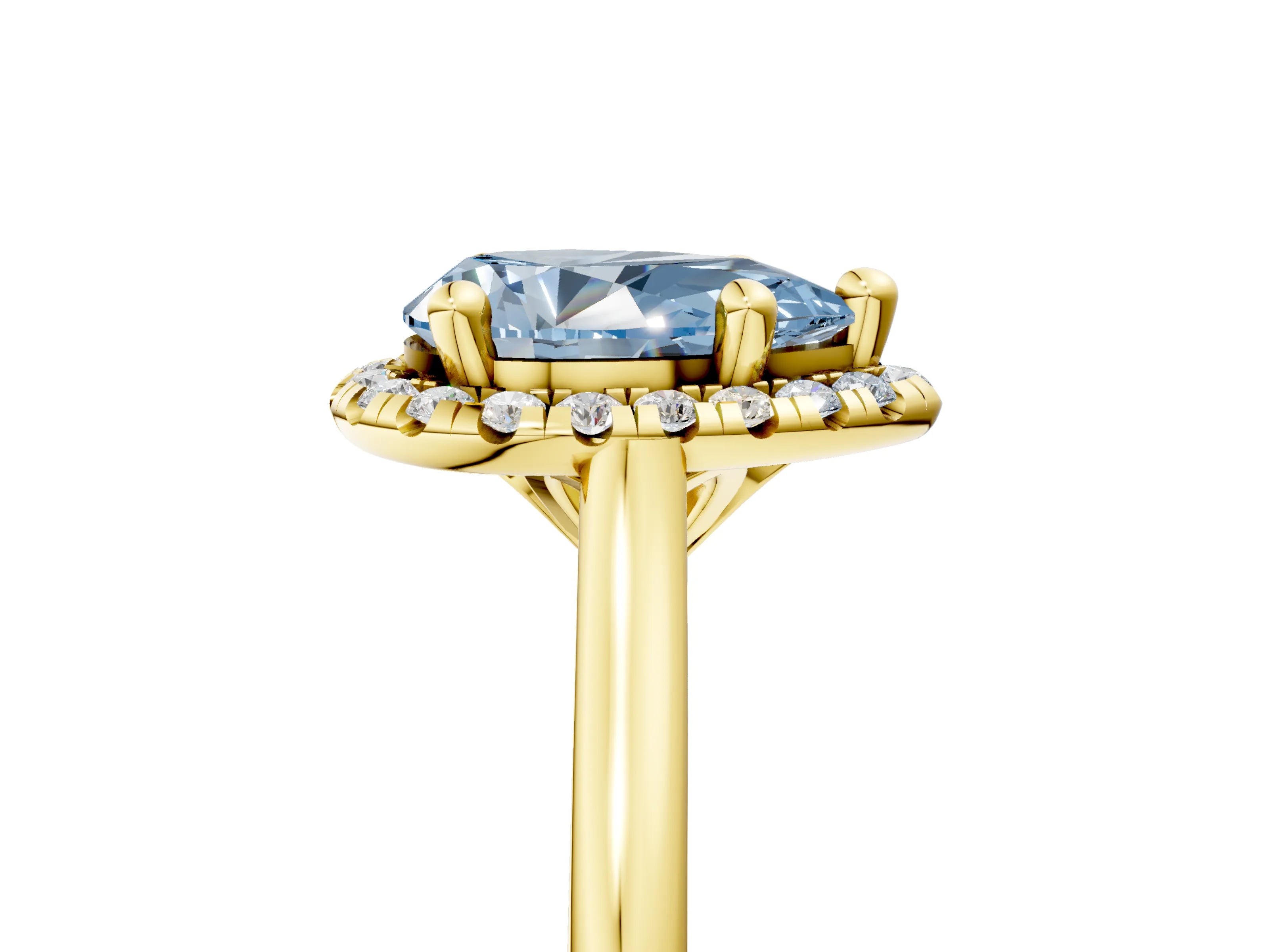 Yellow gold Fancy Blue Pear Cut Halo Round Diamond Solitaire Engagement Ring with Pave Band and Four-Prong Setting_17