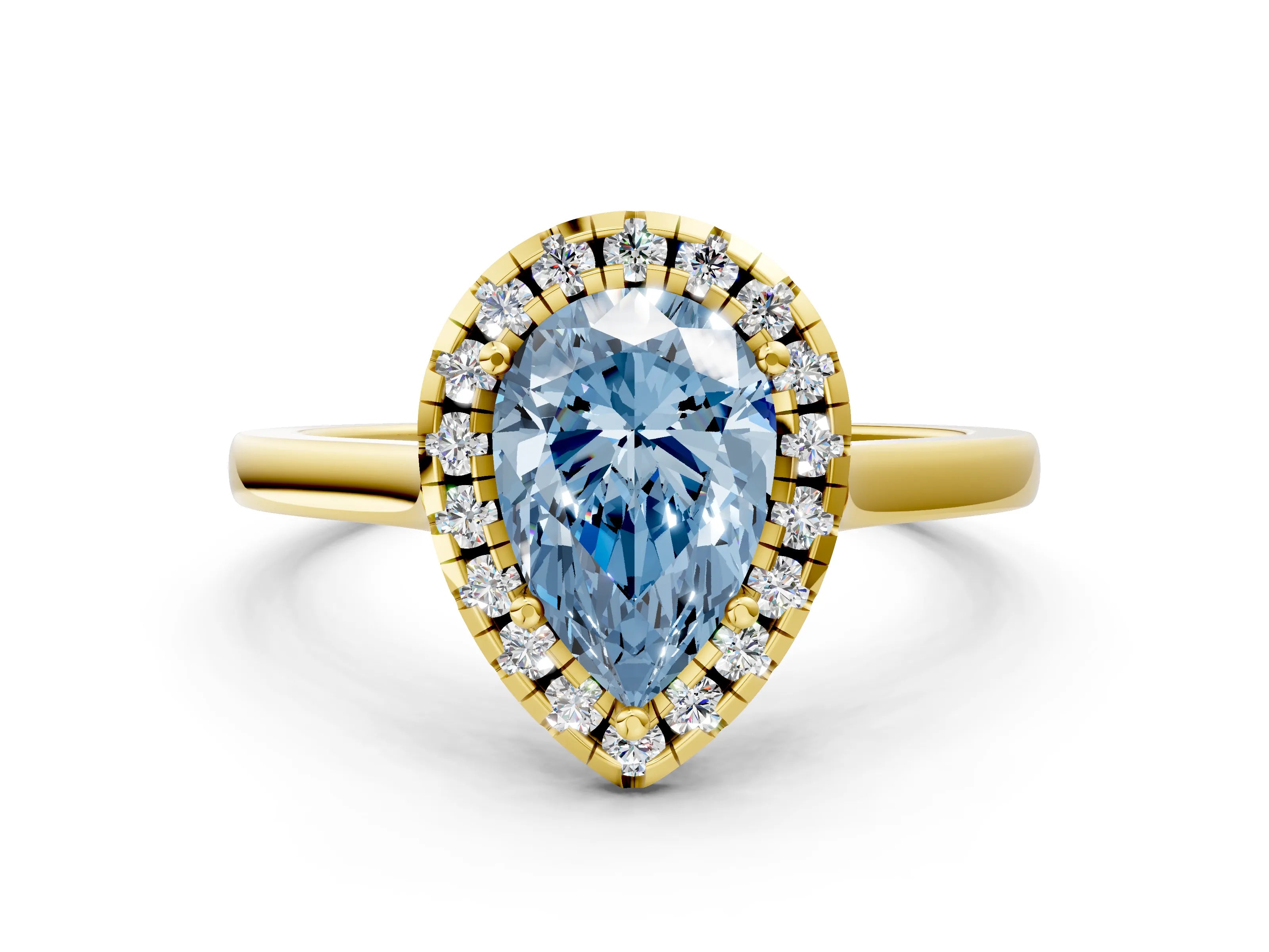 Yellow gold Fancy Blue Pear Cut Halo Round Diamond Solitaire Ring with Pavé Band and Four-Prong Setting_12