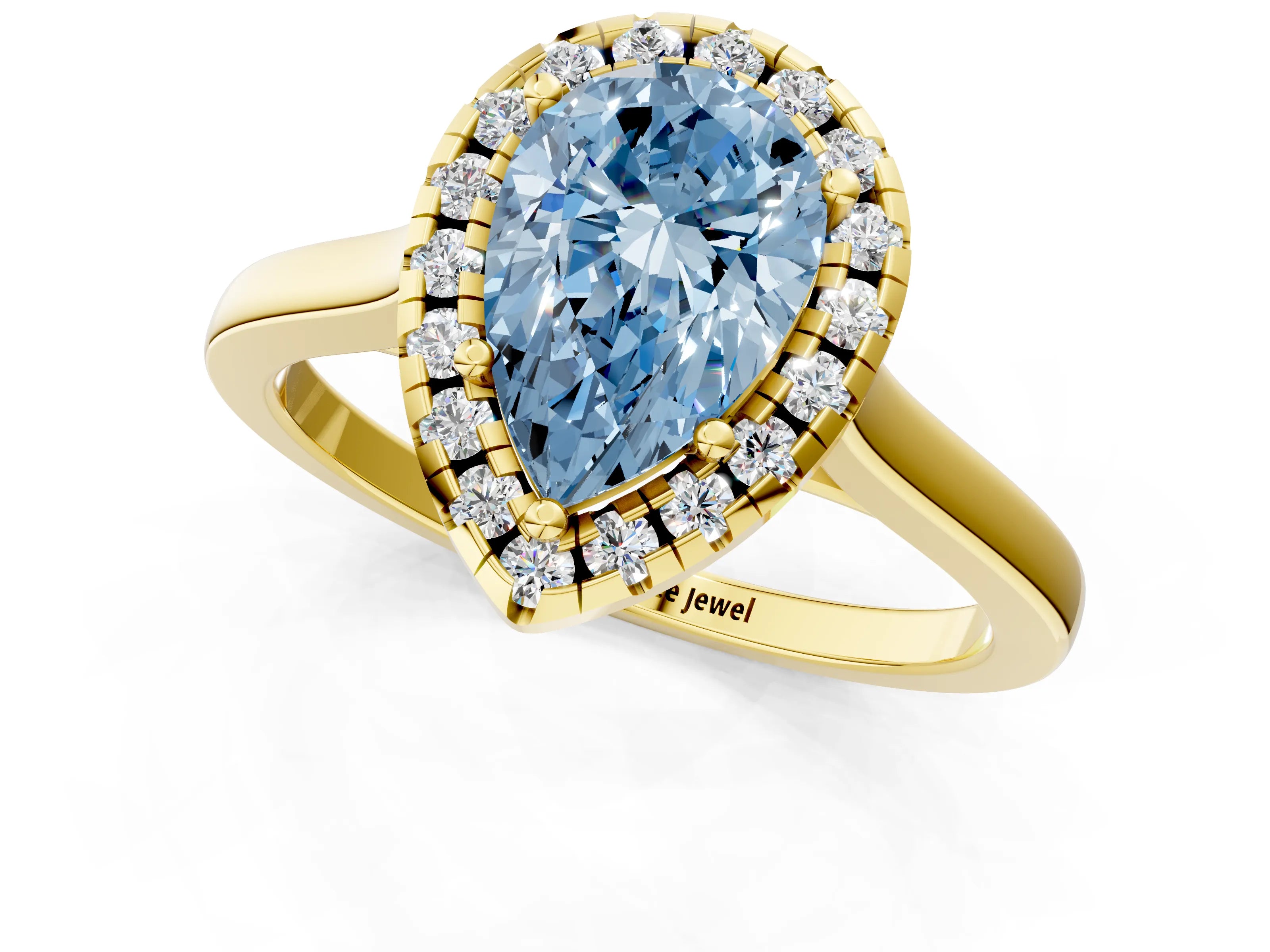 Yellow gold Fancy Blue Pear Cut Halo Round Diamond Solitaire Ring with Pavé Band and Four-Prong Setting_13