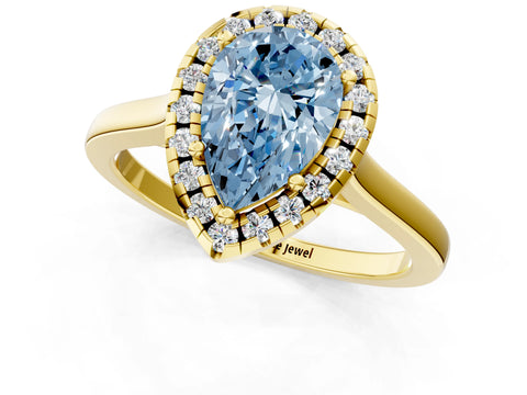 Yellow gold Fancy Blue Pear Cut Halo Round Diamond Solitaire Ring with Pavé Band and Four-Prong Setting_13