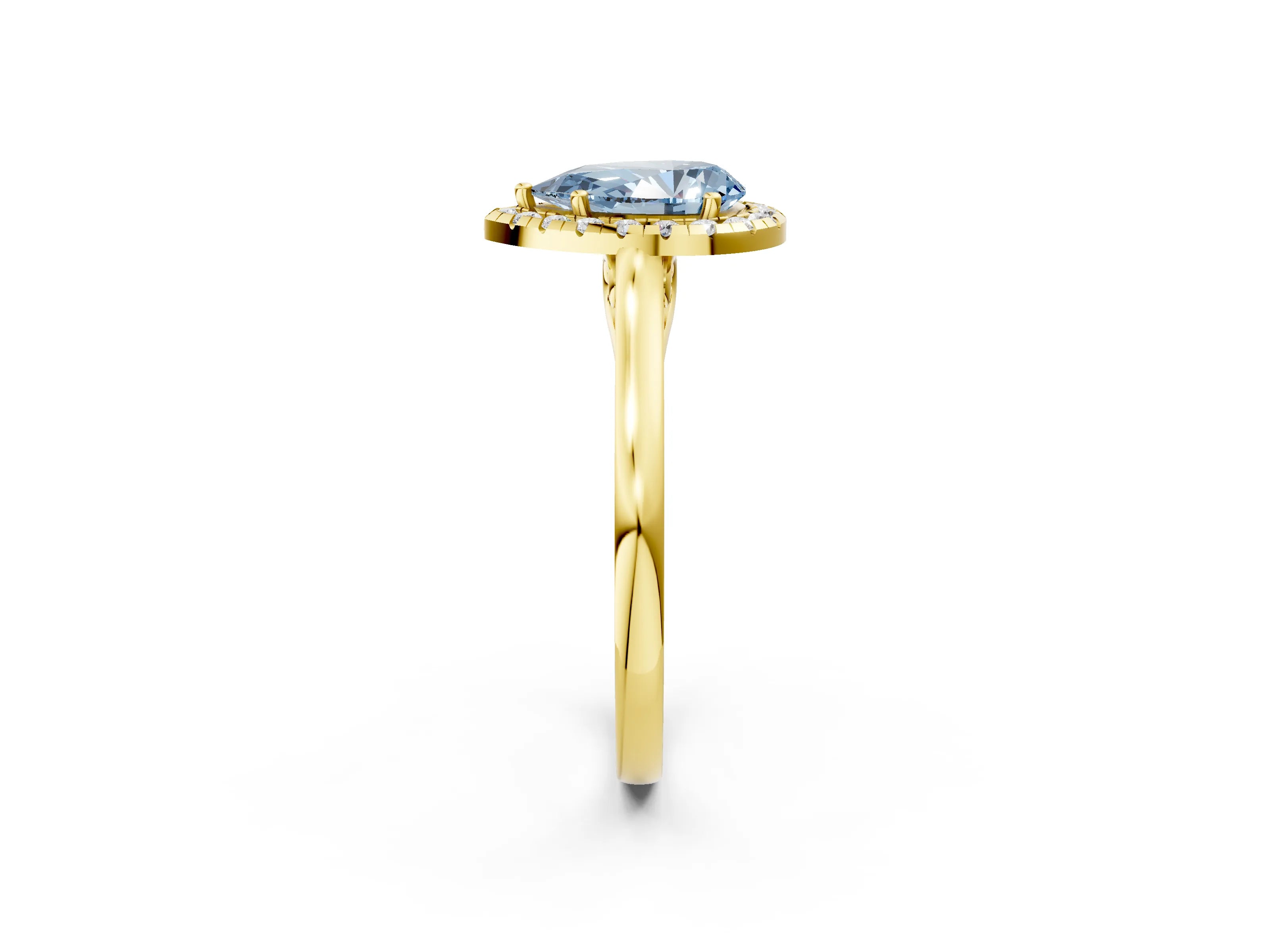 Yellow gold Fancy Blue Pear Cut Halo Round Diamond Solitaire Ring with Pavé Band and Four-Prong Setting_14