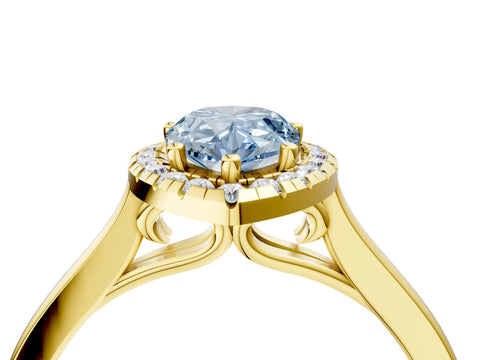 Yellow gold Fancy Blue Pear Cut Halo Round Diamond Solitaire Ring with Pavé Band and Four-Prong Setting_16