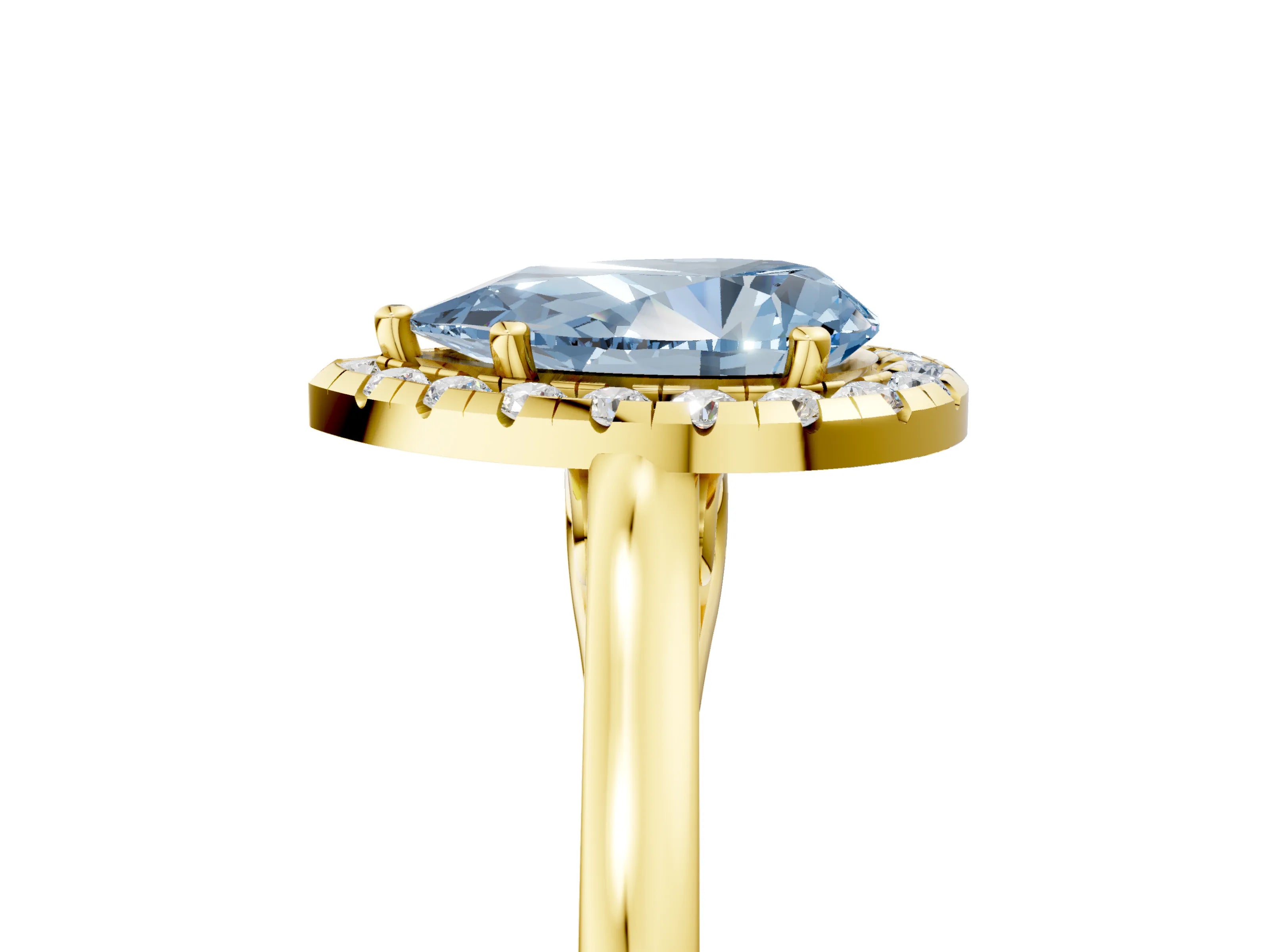 Yellow gold Fancy Blue Pear Cut Halo Round Diamond Solitaire Ring with Pavé Band and Four-Prong Setting_17