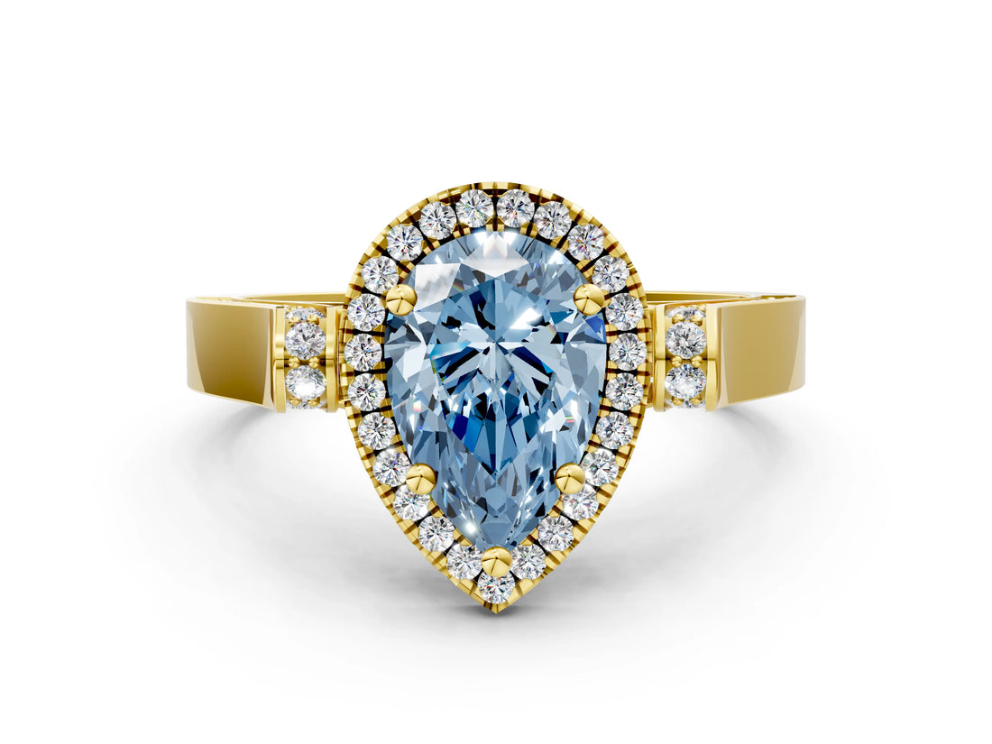 Yellow gold Fancy Blue Pear Cut Halo Round Diamond Twist Band with Four-Prong Setting