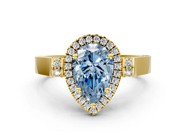 Yellow gold Fancy Blue Pear Cut Halo Round Diamond Twist Band with Four-Prong Setting