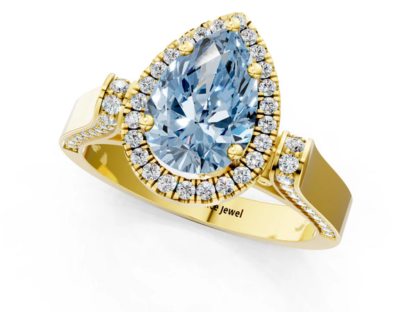 Yellow gold Fancy Blue Pear Cut Halo Round Diamond Twist Band with Four-Prong Setting