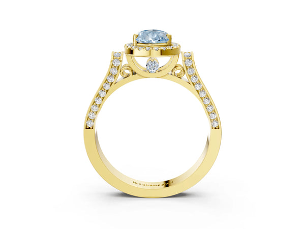 Yellow gold Fancy Blue Pear Cut Halo Round Diamond Twist Band with Four-Prong Setting